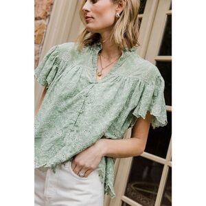 Baybala Green Eyelet Flutter Sleeve Blouse Cotton Large